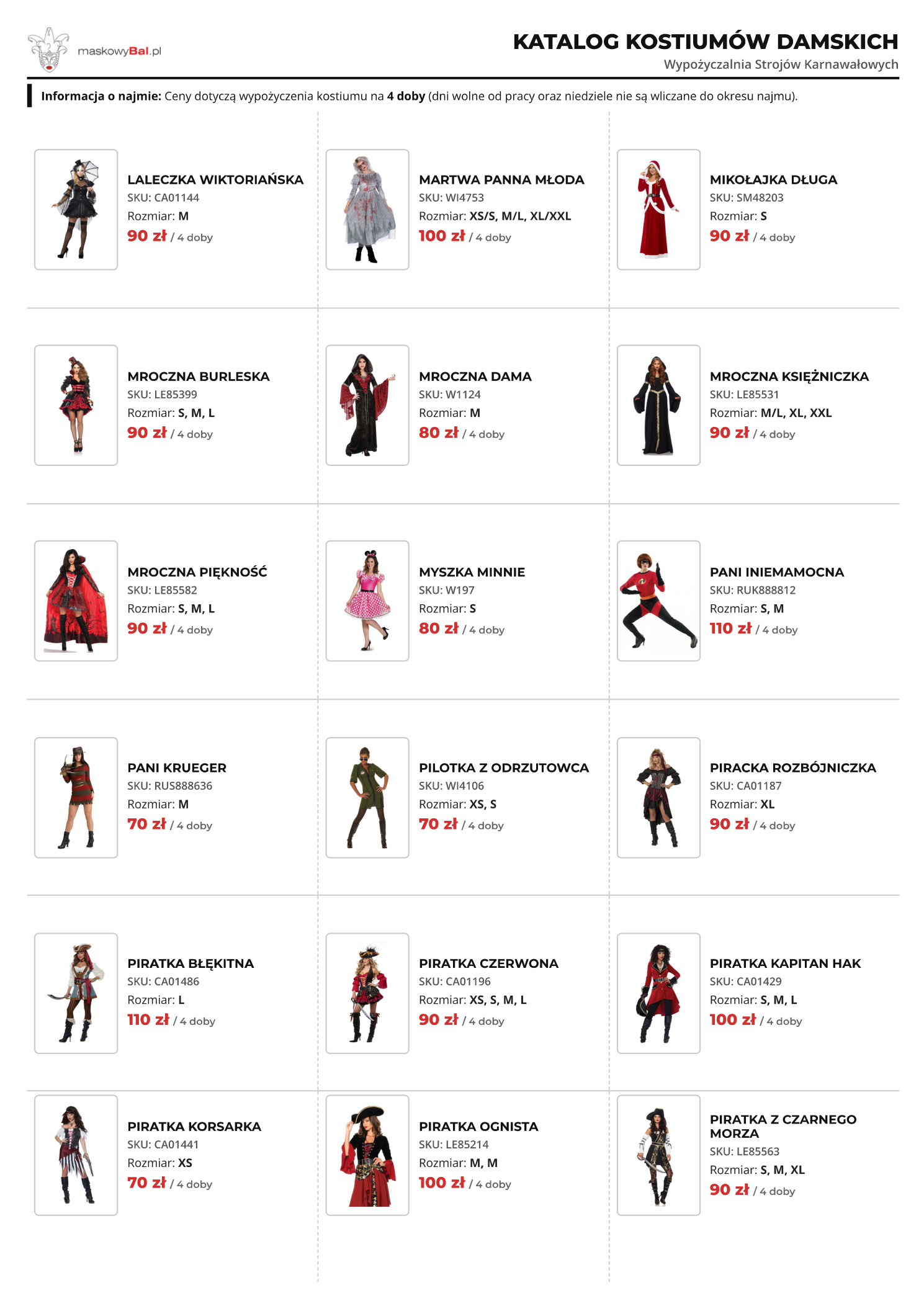 Katalog damski wypożyczalni strojów Maskowy Bal
